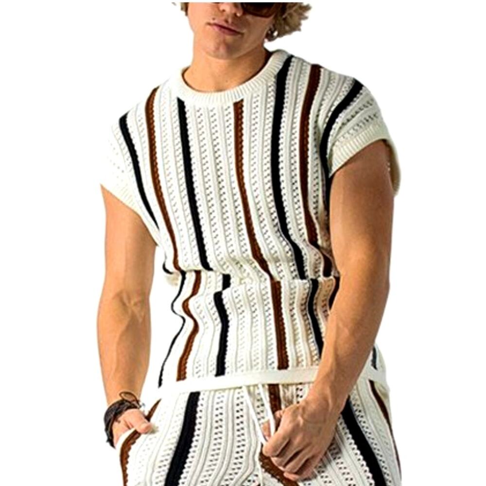 Glimms Gender-Neutral White Black Tan Striped Crochet Top Wool Blend Sz L